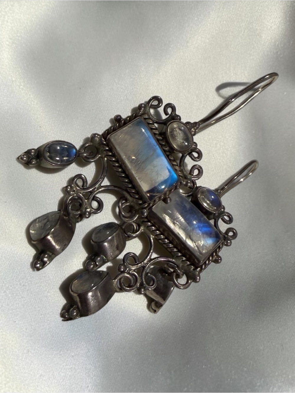 Silver Moonstone Chandelier Earrings – Blue Flash